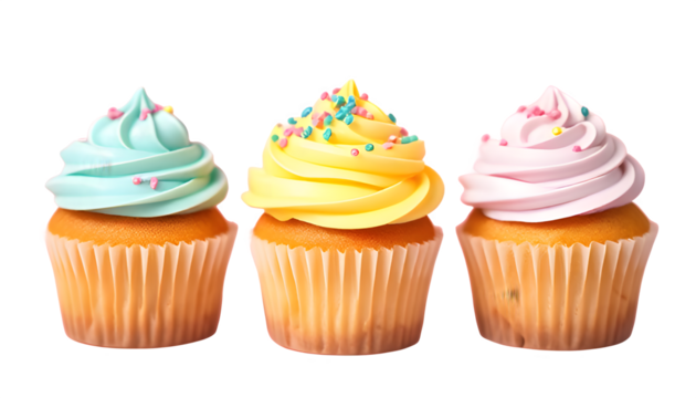 A vibrant, eye level photograph of three different cupcakes lined up on a light pastel pink background. Each cupcake has distinct frosting colors and unique sprinkle