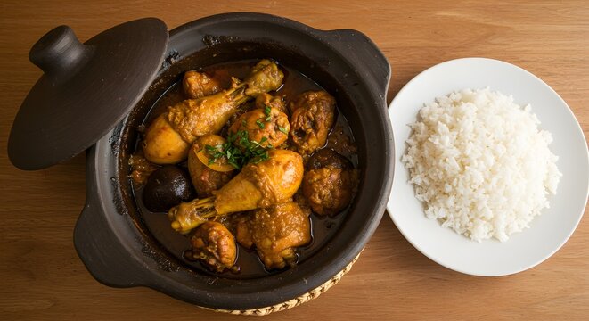Top view of Moamba de Galinha (Angolan chicken stew) in rustic clay pot, placed off-center using rule of thirds, with white rice on the side