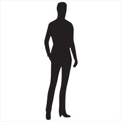 A black silhouette of a standing female figure in a suit, perfect for business, professional, or corporate design projects, ideal as a vector or graphic element
