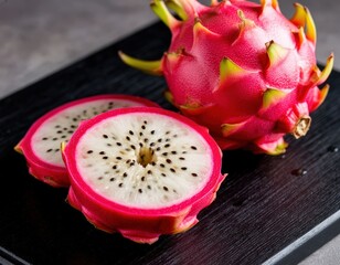 Vivid pink dragon fruit halves on a black cutting board with juicy contrast.