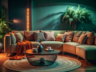 A cozy living room with a large sectional sofa and a round coffee table under soft lighting ambiance 3d render