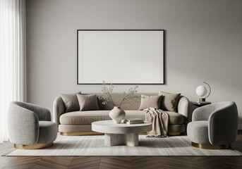 A modern living room with a beige sofa two armchairs and a blank picture frame on the wall above it 3d render