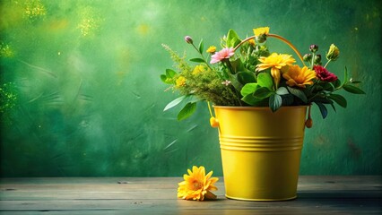 Vibrant floral arrangement in a cheerful yellow bucket, set against a deep green backdrop, evokes feelings of joy and springtime freshness.