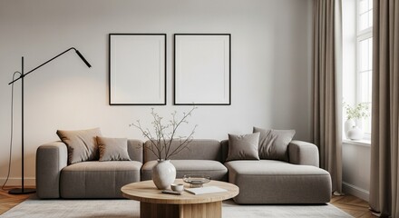 Living room with a gray sectional sofa, two blank framed posters, and a floor lamp near the wall 3d render