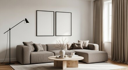 A modern living room with a beige sofa, a round coffee table, and two framed pictures on the wall 3d render