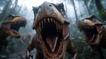 Naklejka premium A dramatic depiction of fierce dinosaurs roaring in a dense jungle, creating an intense atmosphere that evokes excitement and the primal nature of these ancient creatures.
