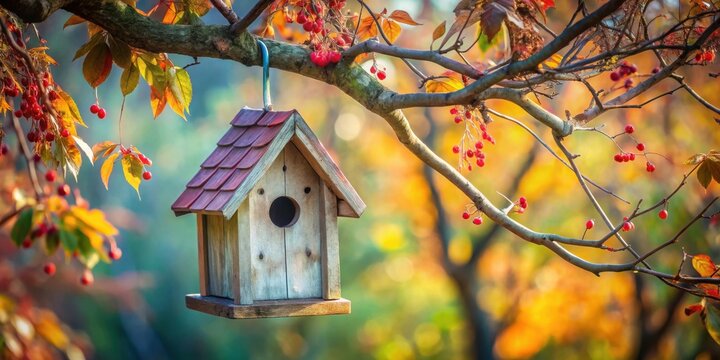 Rustic birdhouse hanging from a tree branch adorned with autumn leaves and vibrant red berries