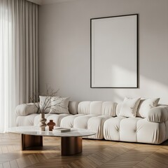 Interior design with a white sofa coffee table and a blank picture frame on a white wall space 3d render