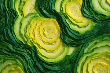 Obraz premium Exploring the mesmerizing patterns of zucchini slices in an abstract composition bursting with color and texture