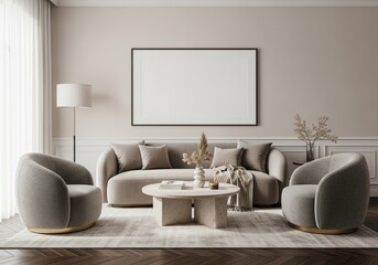 A living room with a sofa, two chairs, a coffee table, and a blank framed picture on the wall 3d render