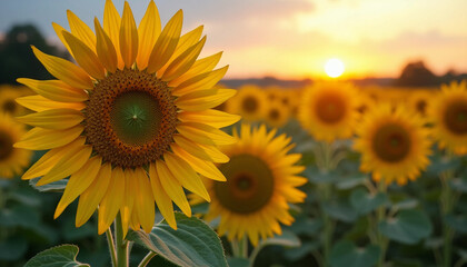 Fototapeta premium A Golden Sunflower Field Bathed in Summer Sunset Glow, Full of Life and Vitality