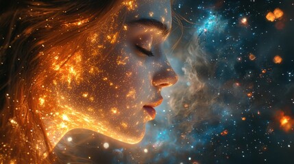 Young couple with brown hair embracing under the stars, glowing faces, surrounded by galaxies and cosmic background, fantasy art style, hyper-realistic, cinematic, sharp focus.