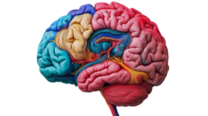Detailed anatomical illustration of a human brain showcasing neural pathways and regions in vibrant colors