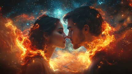 Young couple with brown hair embracing under the stars, glowing faces, surrounded by galaxies and cosmic background, fantasy art style, hyper-realistic, cinematic, sharp focus.