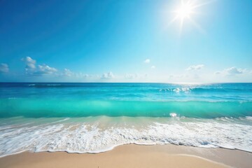 Vast expanse of blue ocean water, waves crashing on a sandy shore under a bright sun Perfect for travel, nature, and ocean-themed projects , sandy beach, natural, untouched