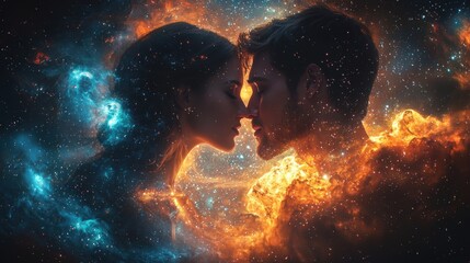 Young couple with brown hair embracing under the stars, glowing faces, surrounded by galaxies and cosmic background, fantasy art style, hyper-realistic, cinematic, sharp focus.