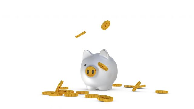 Golden Coins Dollar Dropping from Piggy Bank. Piggy bank releasing golden coins, which fall and scatter across a white floor
