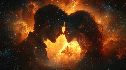 Young couple with brown hair embracing under the stars, glowing faces, surrounded by galaxies and cosmic background, fantasy art style, hyper-realistic, cinematic, sharp focus.