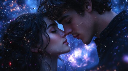 Young couple with brown hair embracing under the stars, glowing faces, surrounded by galaxies and cosmic background, fantasy art style, hyper-realistic, cinematic, sharp focus.
