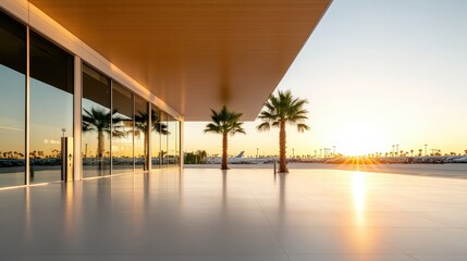 Fototapeta premium A stunning view of a contemporary architectural design featuring large glass panels and palm trees, all illuminated by the warm hues of an idyllic sunset, exuding sophistication.