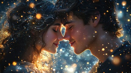 Young couple with brown hair embracing under the stars, glowing faces, surrounded by galaxies and cosmic background, fantasy art style, hyper-realistic, cinematic, sharp focus.