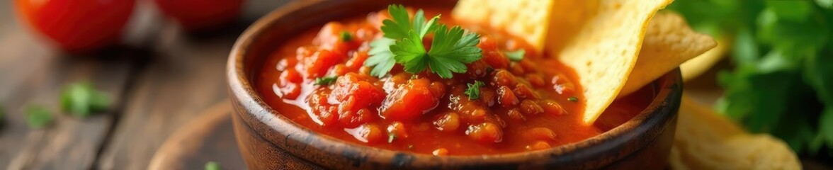 Vibrant, chunky salsa tomato sauce in a rustic bowl, ready to be served with tortilla chips Perfect for adding a zesty kick to your Mexican feast , garnish, spice