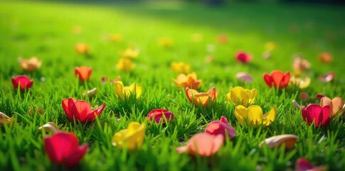 Vibrant, fallen flower petals scattered on lush green grass after a spring rain shower Perfect for nature, spring, and floral themes , macro, beautiful