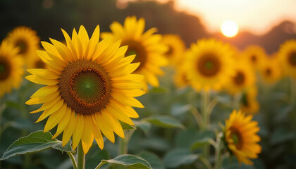Obraz premium A Golden Sunflower Field Bathed in Summer Sunset Glow, Full of Life and Vitality