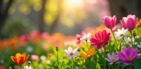 Vibrant spring blossoms in a sun-drenched garden bursting with color; a cheerful scene of renewal and growth, perfect for springtime themes , sunlight, red