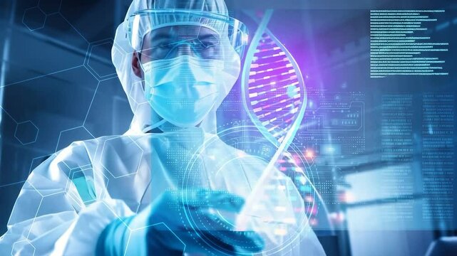 Medical lab with professional physician or doctor and hologram interactive screen.Gene dna editing technology.neurology research.innovation science