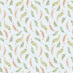 Leaf Branches Heliconia Little twigs Tropical Exotic plant Watercolor summer pastel seamless pattern on blue background