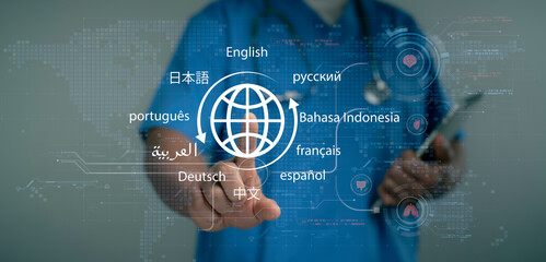 Doctor interacting with multilingual interface for medical translation AI language support...