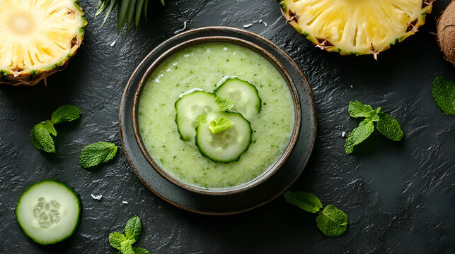 Refreshing cucumber and mint cold soup in a dark bowl surrounded by fresh pine and cucumber slices with mint leaves on a black textured surface