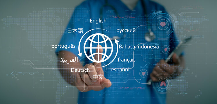 Doctor interacting with multilingual interface for medical translation AI language support communication system healthcare innovation global connection and international information network