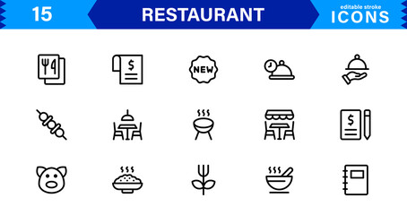 Professional Restaurant Icon Collection Featuring Food, Dining, Chef, Menu, and Kitchen Tools in a Clean, Marketable Vector Format for Stock Use