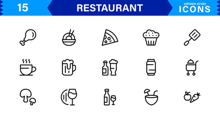 Professional Restaurant Icon Collection Featuring Food, Dining, Chef, Menu, and Kitchen Tools in a Clean, Marketable Vector Format for Stock Use