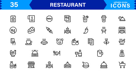 Professional Restaurant Icon Collection Featuring Food, Dining, Chef, Menu, and Kitchen Tools in a Clean, Marketable Vector Format for Stock Use