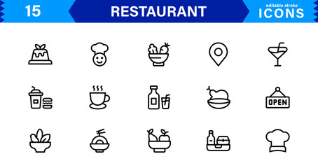 Professional Restaurant Icon Collection Featuring Food, Dining, Chef, Menu, and Kitchen Tools in a Clean, Marketable Vector Format for Stock Use