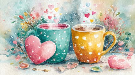 Colorful mugs with hearts and winter scenery.