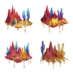 Floating golden islands red mountains cacti crystals liquid dripping, fantasy environment isolated elements geometric formations.
