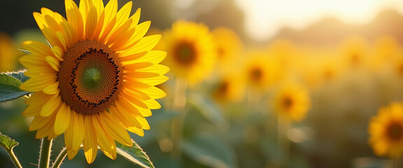 Obraz premium A Golden Sunflower Field Bathed in Sunset Light, Full of Life and Hope