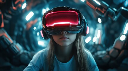A young child immersed in a virtual reality experience, wearing a futuristic VR headset that captivates their focus, illustrating the intersection of technology and imagination.