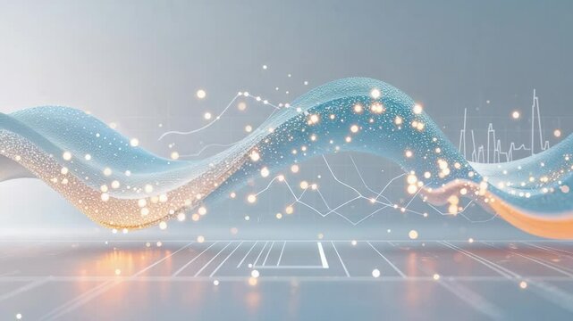 Animation opening ribbon wave emerging from left edge across grid plane, syncing with network lines