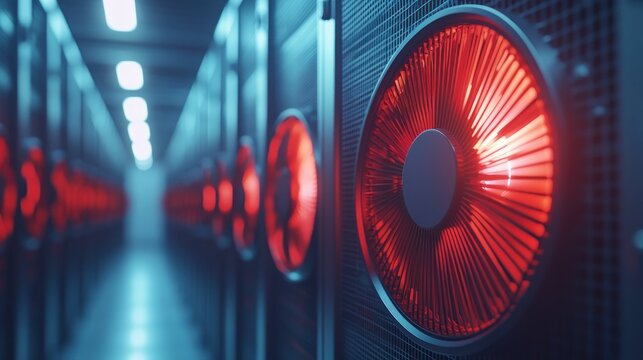 Server rack room with cooling fans
