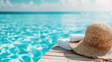A stylish straw hat and rolled towels perfectly arranged beside a serene, sparkling pool, inviting relaxation and leisure on a bright sunny day.
