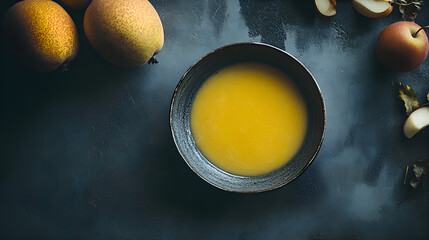 Freshly squeezed lemon juice in a dark bowl on a textured surface surrounded by whole lemons and s for healthy beverages and citrus fruit ingredients