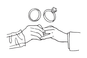 Vector hand drawn trendy summer wedding rings and hands proposal outline illustration. Elegant flat minimalist hand drawn modern art for wedding invitations, menu, graphics and design