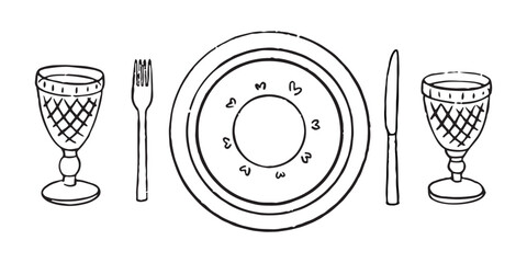 Vector hand drawn trendy summer wedding dinner plates and glasses outline illustration. Elegant flat minimalist hand drawn modern art for wedding invitations, menu, graphics and design
