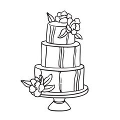Vector hand drawn trendy summer wedding floral cake outline illustration. Elegant flat minimalist hand drawn modern art for wedding invitations, menu, graphics and design