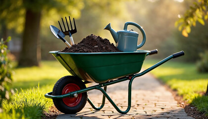 Garden Wheelbarrow with Fresh Soil and Tools Ready for Planting in a Serene Outdoor Setting for Gardening Blogs, DIY Websites, Landscape Design, and Home Improvement Articles